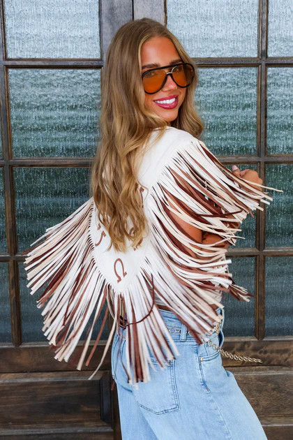 Horseshoe Cream & Tan Two Tone Fringe Shrug | The Willow Tree