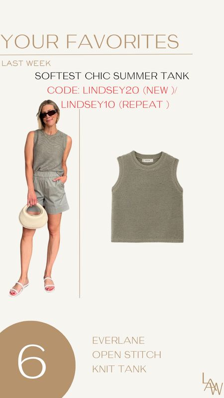 Everlane Open Stitch Tank, wearing tts in small 
Codes: LINDSEY20 (new customers), LINDSEY10 (repeat customers) 

#LTKFindsUnder50 #LTKFindsUnder100 #LTKStyleTip