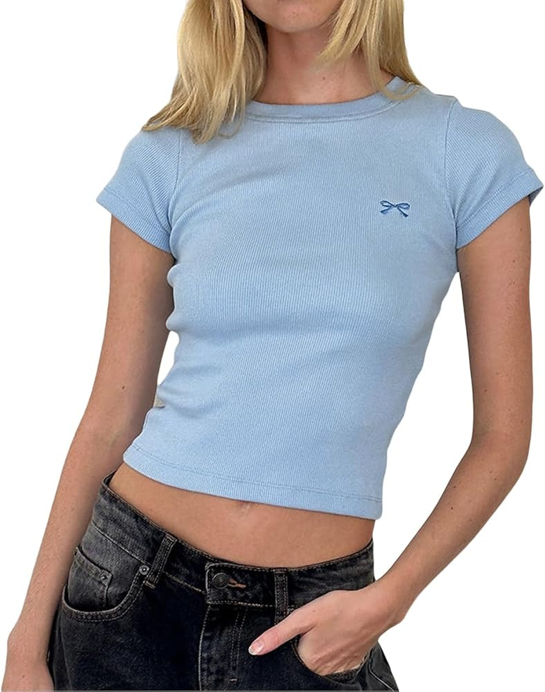 Baby Tees for Women Short Sleeve Crewneck Embroidery Bow Summer Crop Top Y2k Graphic Fitted Aesth... | Amazon (US)