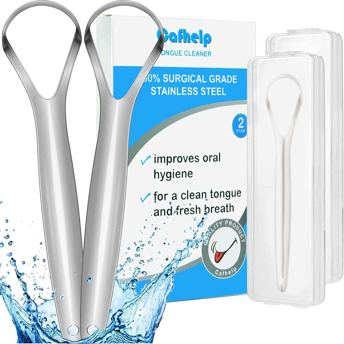 Cafhelp 2-Pack Tongue Scraper, 100% Useful Surgical Stainless Steel Tongue Cleaner for Both Adults and Kids, Professional Reduce Bad Breath Metal Tongue Scrapers, Help Your Oral Hygiene (with 2 cases) | Amazon (US)
