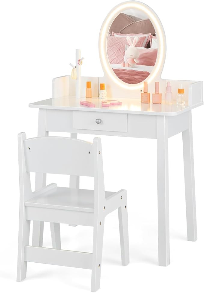 Maxmass Kids Vanity Table and Chair, Wooden Children Dressing Table with 2-Color LED Lights & Rem... | Amazon (UK)