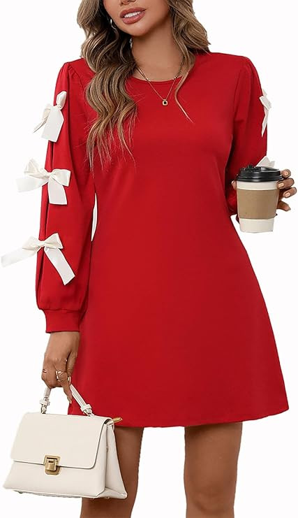 MSLG Women's Christmas Dress Long Sleeve Round Neck Stretchy Bodycon Bowknot A Line Mini Dresses ... | Amazon (US)
