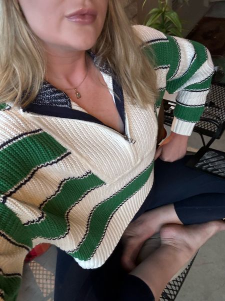Obsessing over this oversized, cropped pullover for spring! It is such a beautiful color and the perfect weight. I love the navy detailing stripes along with the green bold ones. Runs tts (oversized). I’m wearing a small 