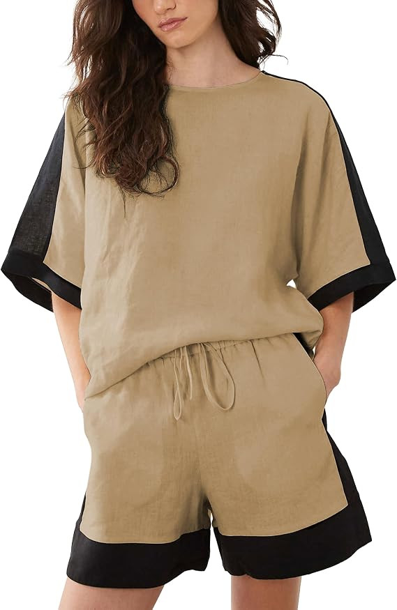 LTSCNRM Womens 2 Piece Sets Oversized Short Sleeve Tops Tie Waist Shorts Color Block Summer Casua... | Amazon (US)