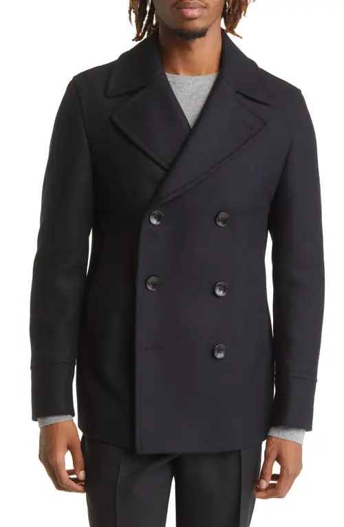 BOSS Hyde Double Breasted Wool Blend Car Coat in Dark Blue at Nordstrom, Size 40 | Nordstrom
