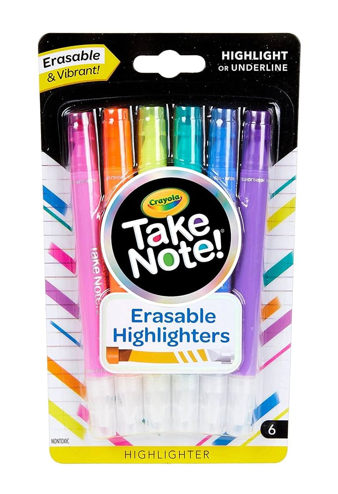 Crayola Take Note Erasable Highlighters (6ct), No Bleed Highlighters, Chisel Tip Markers for Scho... | Amazon (US)