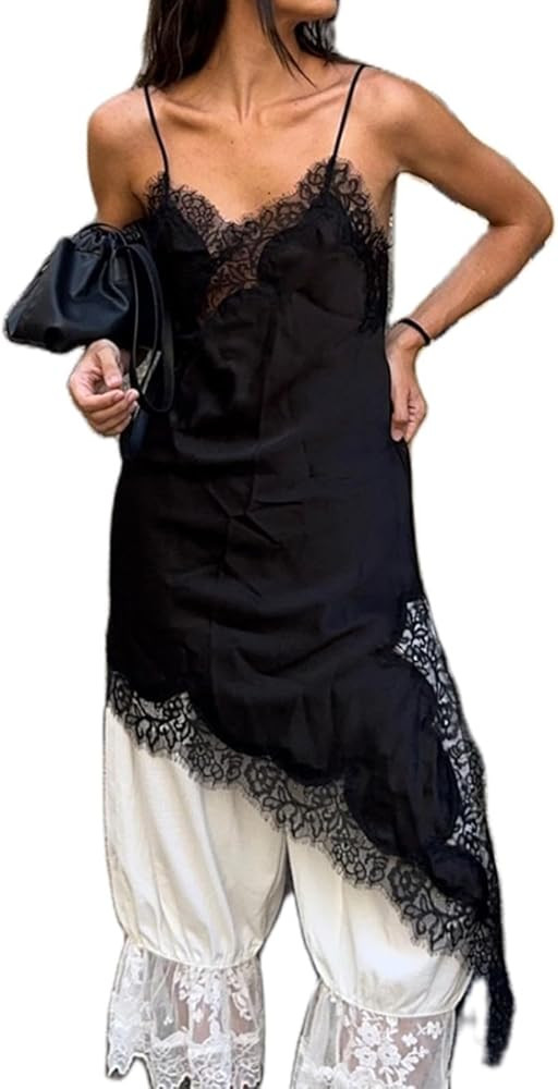 Women Satin Lace Slip Dress High Low Asymmetrical Side Split Cami Flowy Silk Layering Tops | Amazon (UK)