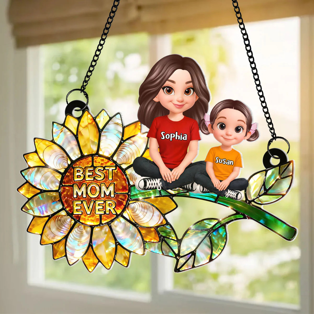 Sunflower Mom and Kids Sitting - Personalized Window Hanging Suncatcher - Mother's Day Gift for M... | Trending Custom