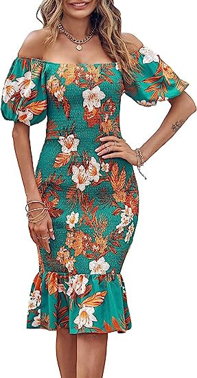 PRETTYGARDEN Women's Summer Floral Midi Bodycon Dresses Short Puff Sleeve Square Neck Ruffle Hem ... | Amazon (US)