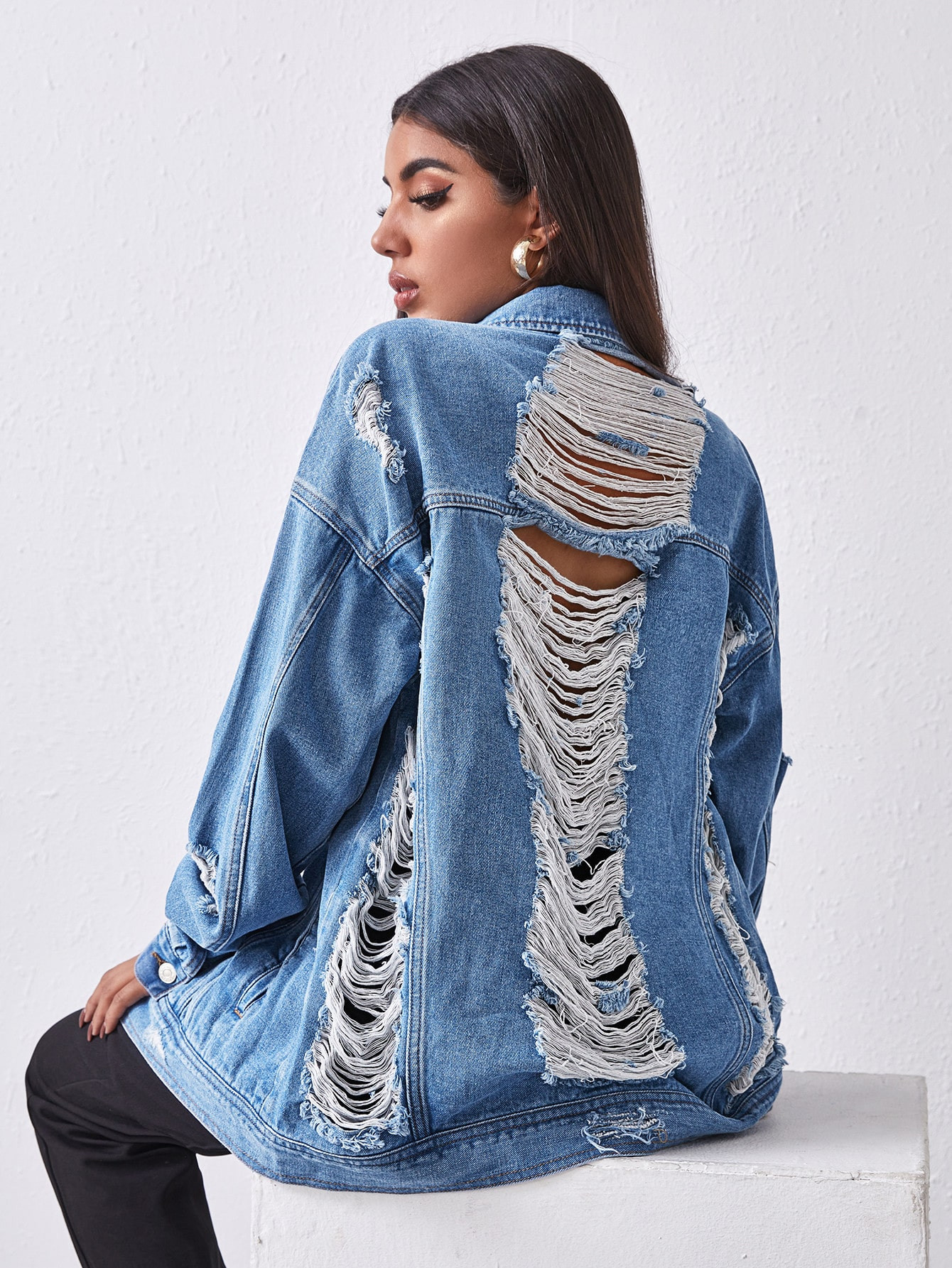 SHEIN Essnce Ripped Detail Drop Shoulder Denim Jacket | SHEIN