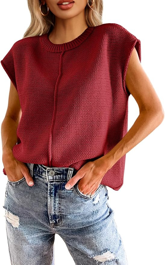 Saodimallsu Womens Summer Cap Sleeve Tops Casual Crew Neck Loose Fit Knit Lightweight Sweater Pul... | Amazon (US)