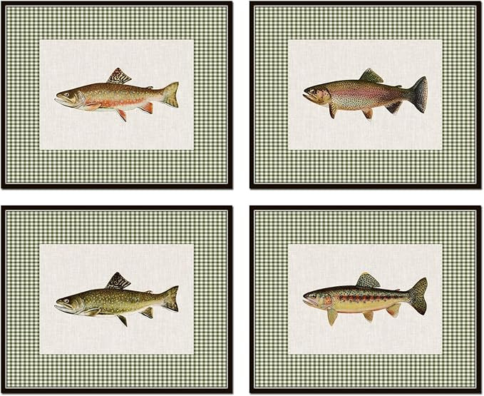 Belle Maison Art Trout Green Gingham Set 1, Fish Prints, Chinoiserie, Grand Millenial, Cabin, Sou... | Amazon (US)