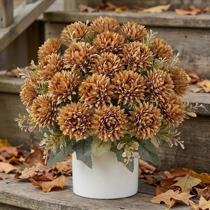 4 Pcs Artificial Mums for Outdoors, Fall Faux Mums for Outdoor Planters, Caramel Brown Warm Taupe... | Amazon (US)