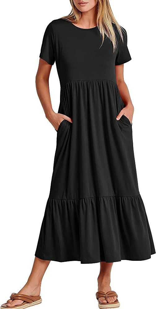 ANRABESS Women's Summer Casual Short Sleeve Crewneck Swing Dress Flowy Tiered Maxi Beach Dress wi... | Amazon (US)