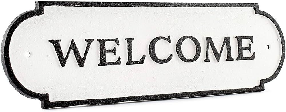 AuldHome Cast Iron Welcome Sign; Rustic Farmhouse Metal Plaque in Black and White 11.9 x 3.6 Inch... | Amazon (US)