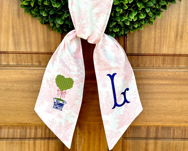 Personalized Pink Valentine Toile Wreath Sash for Front Door, Custom Chinoiserie Monogram Wreath ... | Etsy (US)