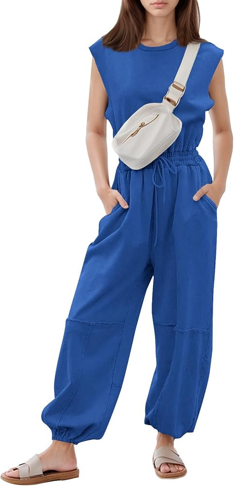 Flygo Womens Casual Jumpsuit Crewneck Cap Sleeve Long Wide Leg Pants One Piece Outfits Drawstring... | Amazon (US)