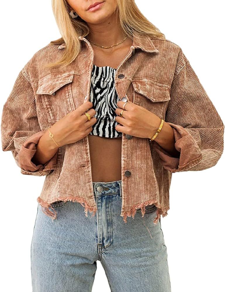CHARTOU Women's Loose Fit Lapel Collar Frayed Washed Corduroy Cropped Jacket | Amazon (US)