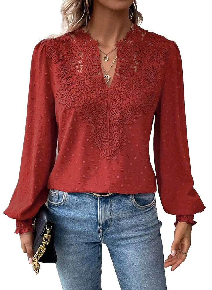 Womens Tops V Neck Boho Long Sleeve Shirts Swiss Dot Chiffon Blouses Flowy Lace Crochet Clothing ... | Amazon (US)