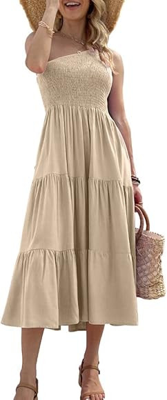 osazic Women's Summer One Shoulder Sleeveless Solid Color Ruffle Beach Party Tiered Midi Long Dre... | Amazon (CA)