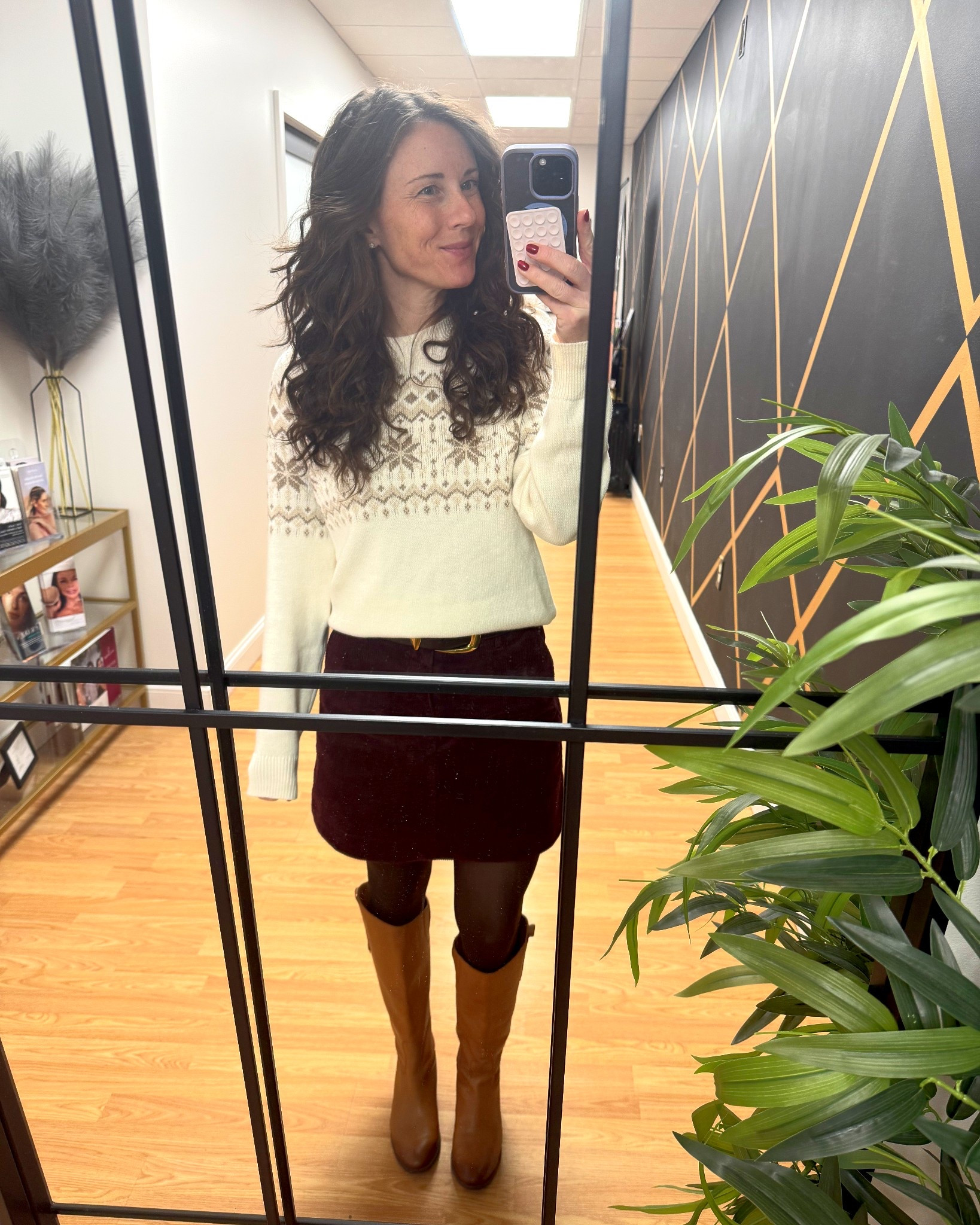 What I wore to work as an office manager of a med spa in the winter  - fair aisle sweater, corduroy skirt, brown tights, and riding boots 

#LTKootd #LTKWorkwear #LTKSeasonal