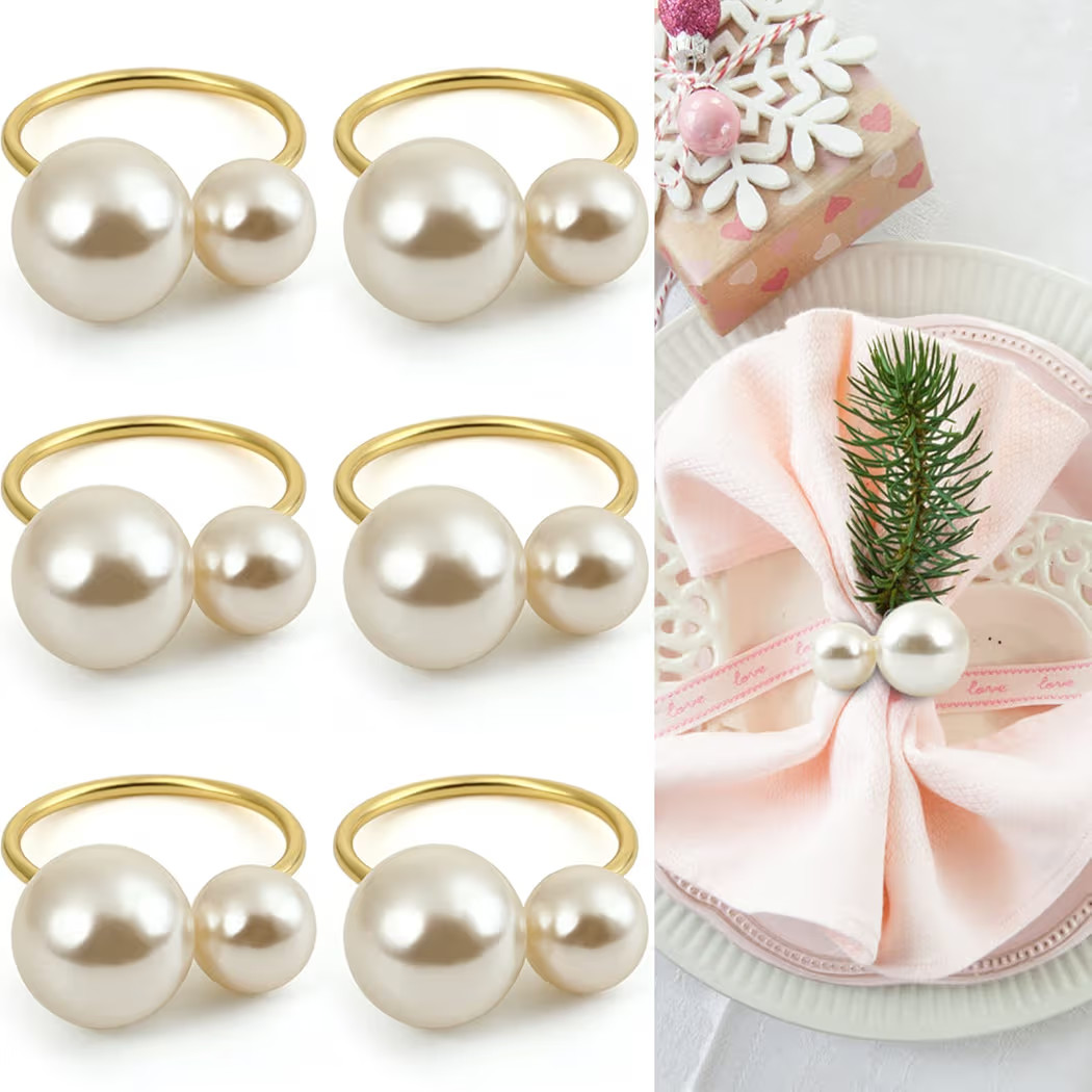 KESOTE Pearl Napkin Rings Set of 6, Gold Napkin Rings Holders for Formal or Casual Dinning Table ... | Amazon (US)