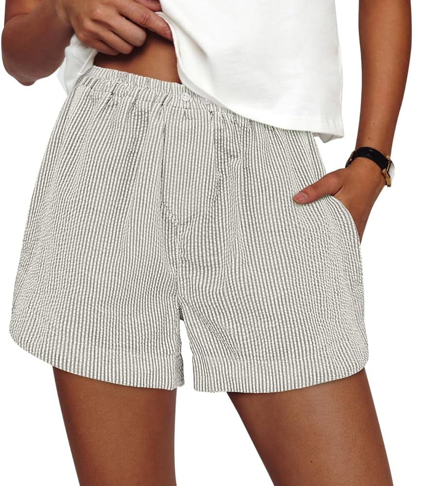 PRETTYGARDEN Women's Shorts Summer 2025 Trendy Striped Boxer Elastic Waist Casual Lounge Sleep Pa... | Amazon (US)