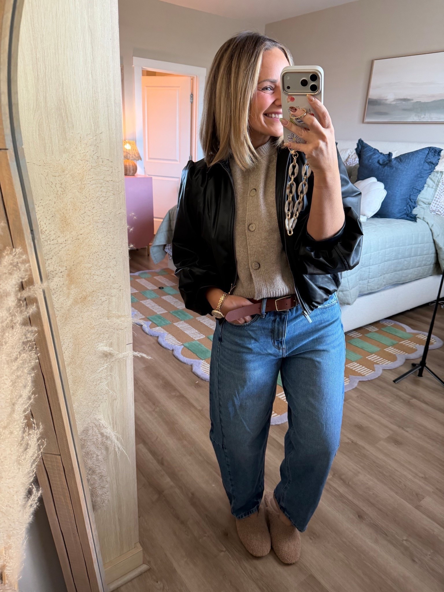 loft jeans, short sleeve cardigan, leather jacket, casual cozy outfit, women’s fashion, trendy outfit, ootd 

#LTKootd #LTKPetite #LTKSeasonal