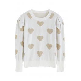 Metallic Heart Puff Shoulder Knit Sweater in Ivory | Chicwish