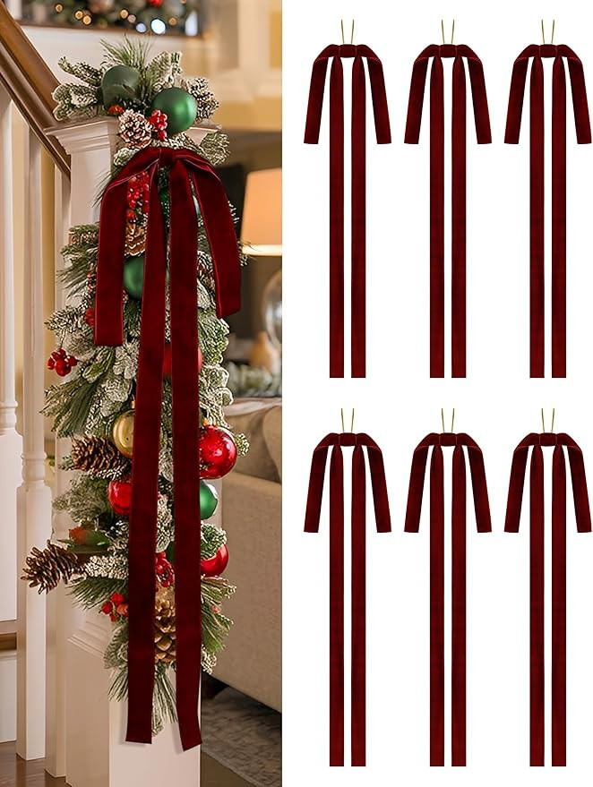 SIMISI RIBBON Burgundy Long Velvet Bows Ornaments for Christmas Tree, Wreath, Garland, Swag, Stai... | Amazon (US)
