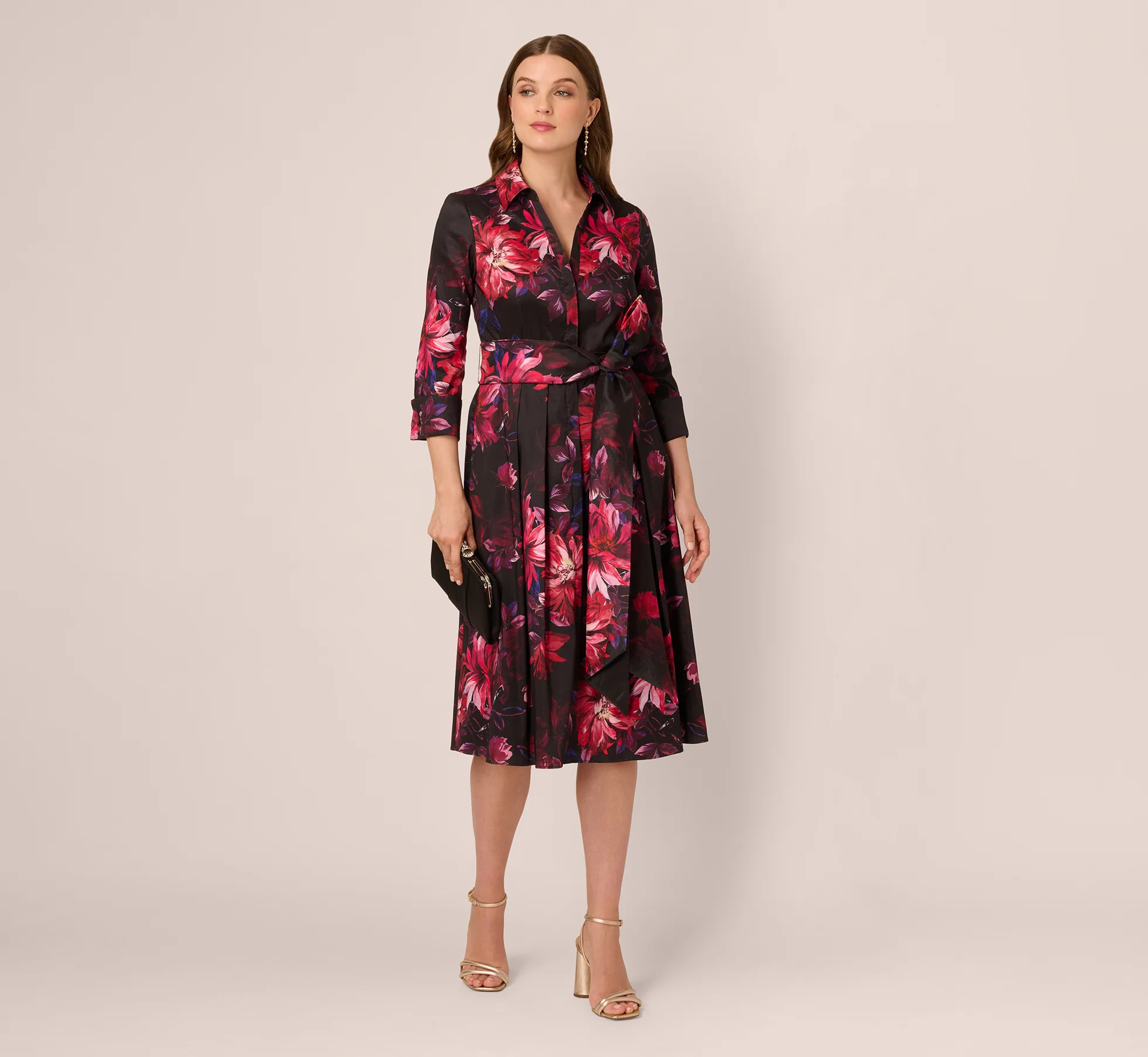 Three Quarter Sleeve Floral Taffeta Shirt Dress In Black Multi | Adrianna Papell