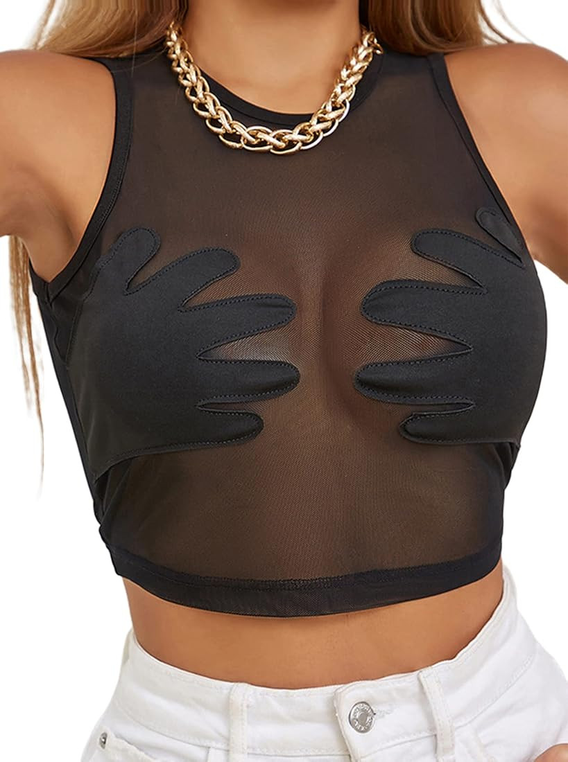 Remidoo Women's Sexy Hand Print Mesh Tank Crop Top Sleeveless See Through Shirt | Amazon (US)