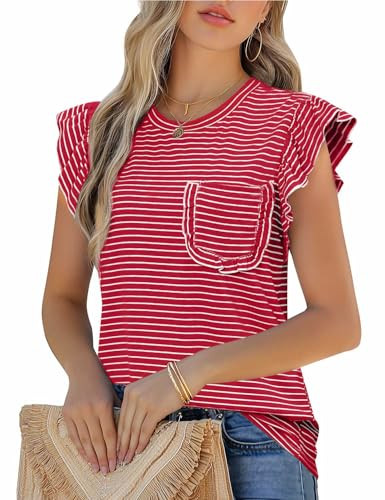 JUSTFASHIONNOW Womens Summer Tops Striped T-Shirts 2025 Ruffle Short Sleeve Crew Neck Casual Blou... | Amazon (US)