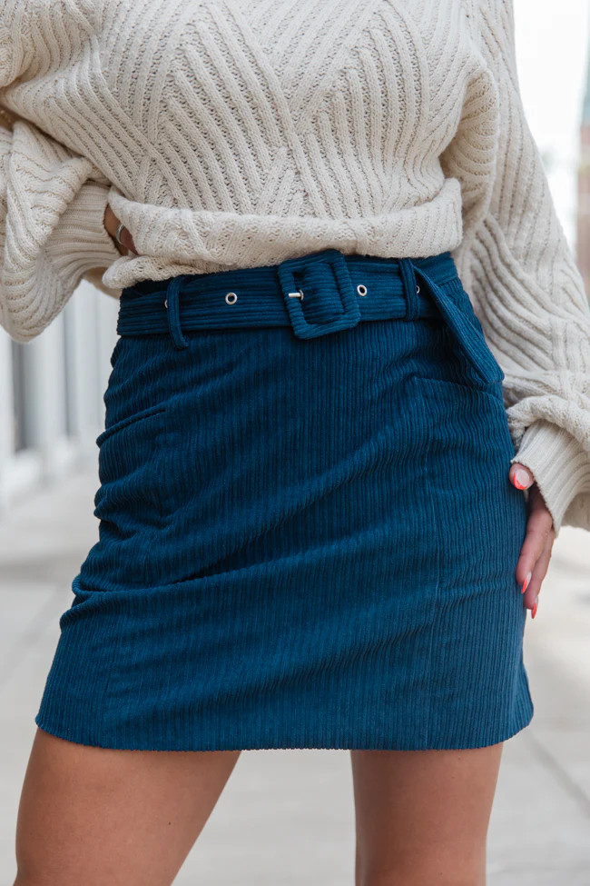 Talk About It Navy Belted Corduroy Skirt | Pink Lily