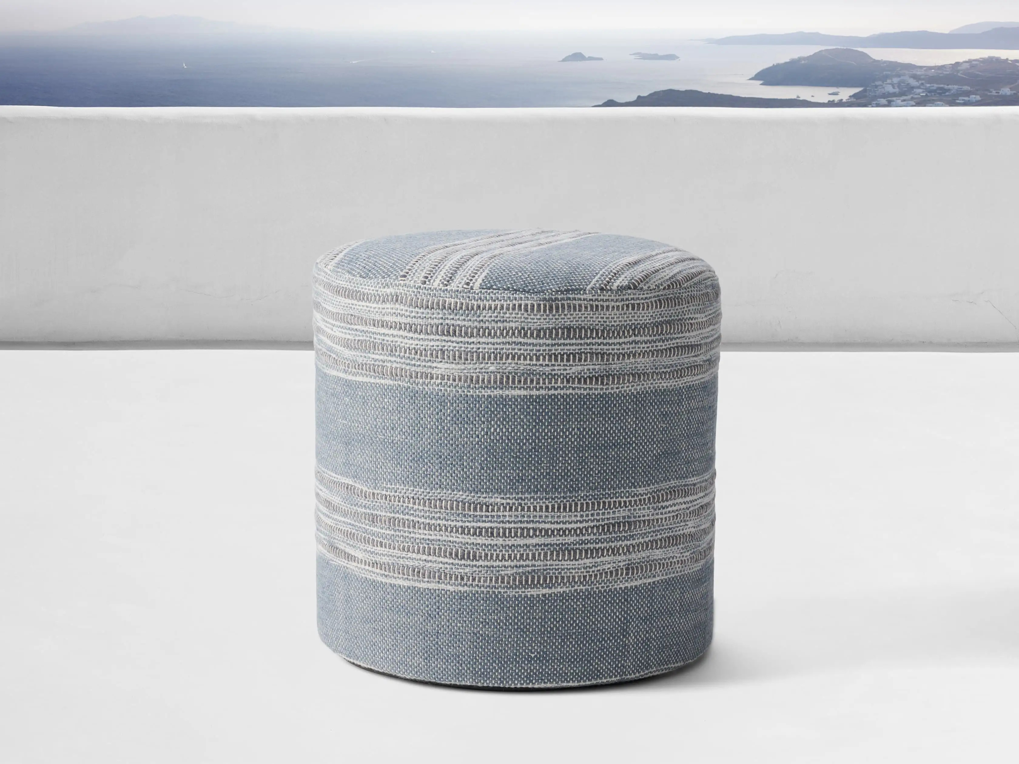 Striped Round Performance Pouf in Blue | Arhaus