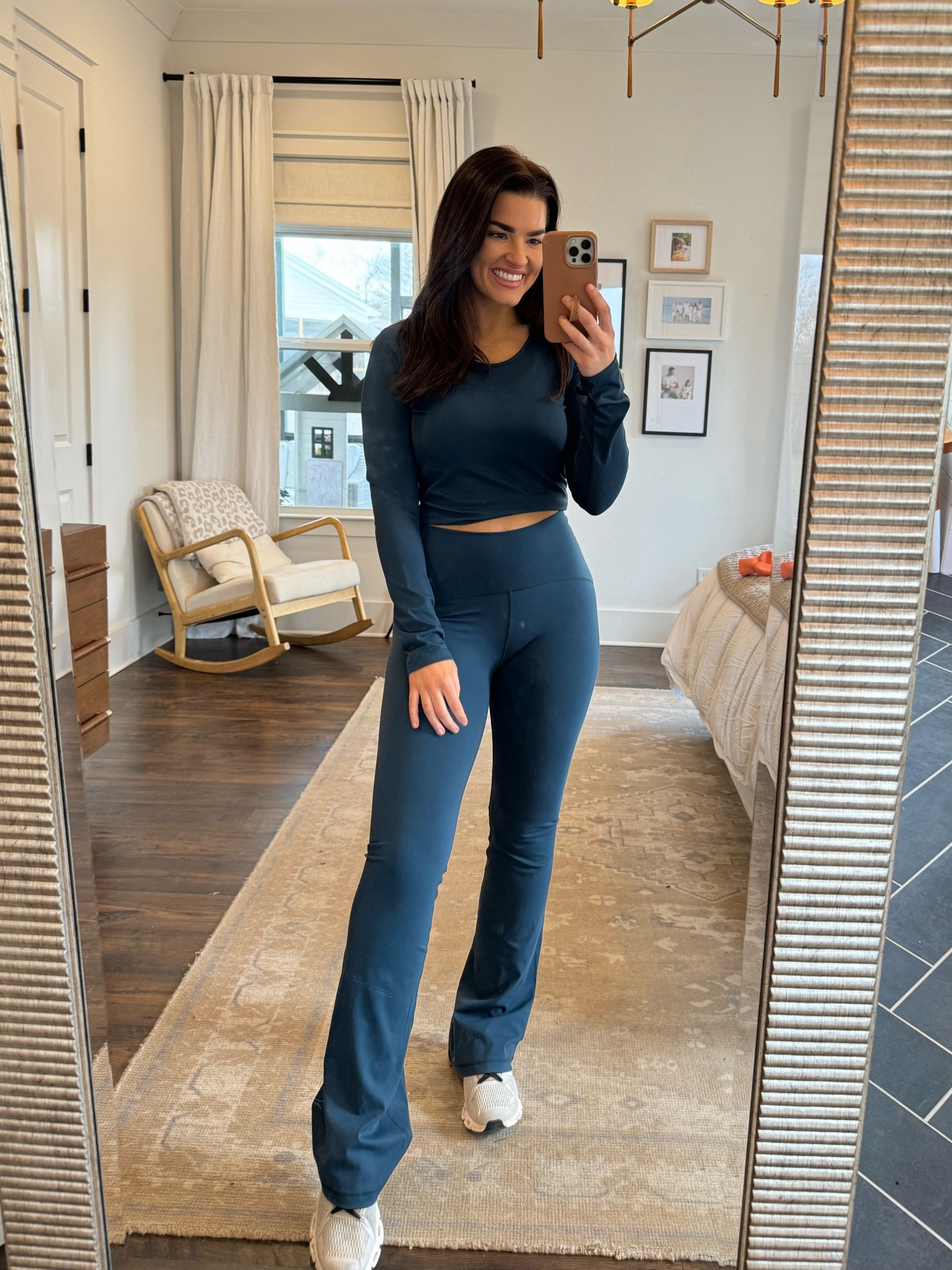 Wearing size medium top + small flare leggings 31’ inseam. 