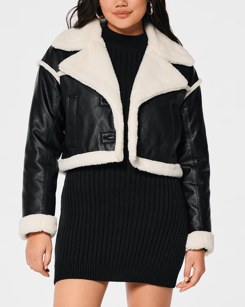 Sherpa-Lined Crop Vegan Leather Biker Jacket | Hollister (US)