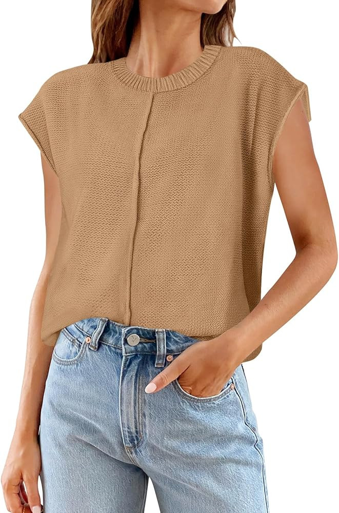 MEROKEETY Women's Summer Cap Sleeve Crewneck Tops Casual Loose Fit Knit Sweater Pullover Tank Top | Amazon (US)