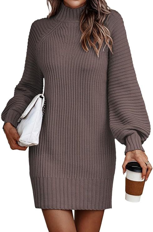 LILLUSORY Women's Mock Neck Pullover Sweater Dress Lantern Sleeve Ribbed Knit Tunic Sweater | Amazon (US)