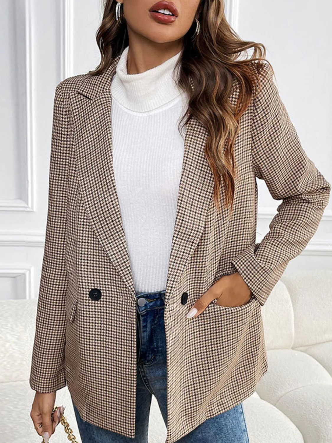 Plaid Lapel Collar Long Sleeve Blazer S | Casual Chic Boutique