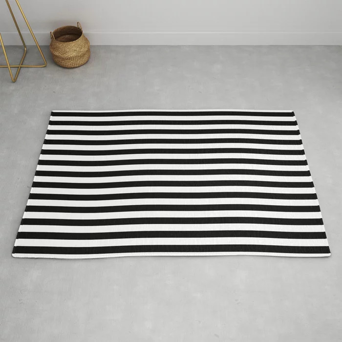 Midnight Black And White Horizontal Deck Chair Stripes Modern Throw Rug by Honor And Obey - 4' x 6' | Society6