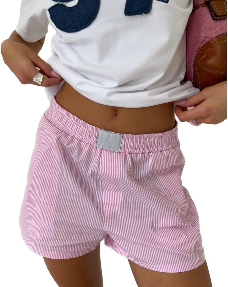 Cute Stripe Lounge Shorts for Women Casual Plaid Pajama Shorts Elastic Low Waist Sleep Boxer Shor... | Amazon (US)