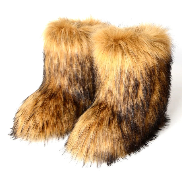 Winter Fuzzy Boots Women Furry Shoes Fluffy Fur Snow Boots Plush lining Slip-on Rubber Flat Outdo... | AliExpress (US)