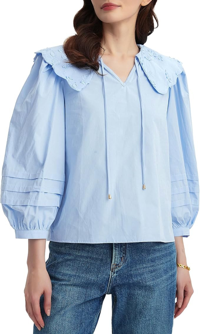 Kedera Women's 3/4 Sleeve V Neck Blouses with Embroidered Collar Dressy Summer Tops Casual Loose ... | Amazon (US)