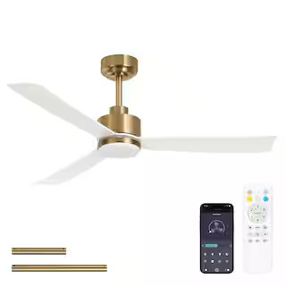 52 in. Indoor Matte White and Gold Brushed Low Profile 3-Colors LED Flush Mount Ceiling Fan with ... | The Home Depot