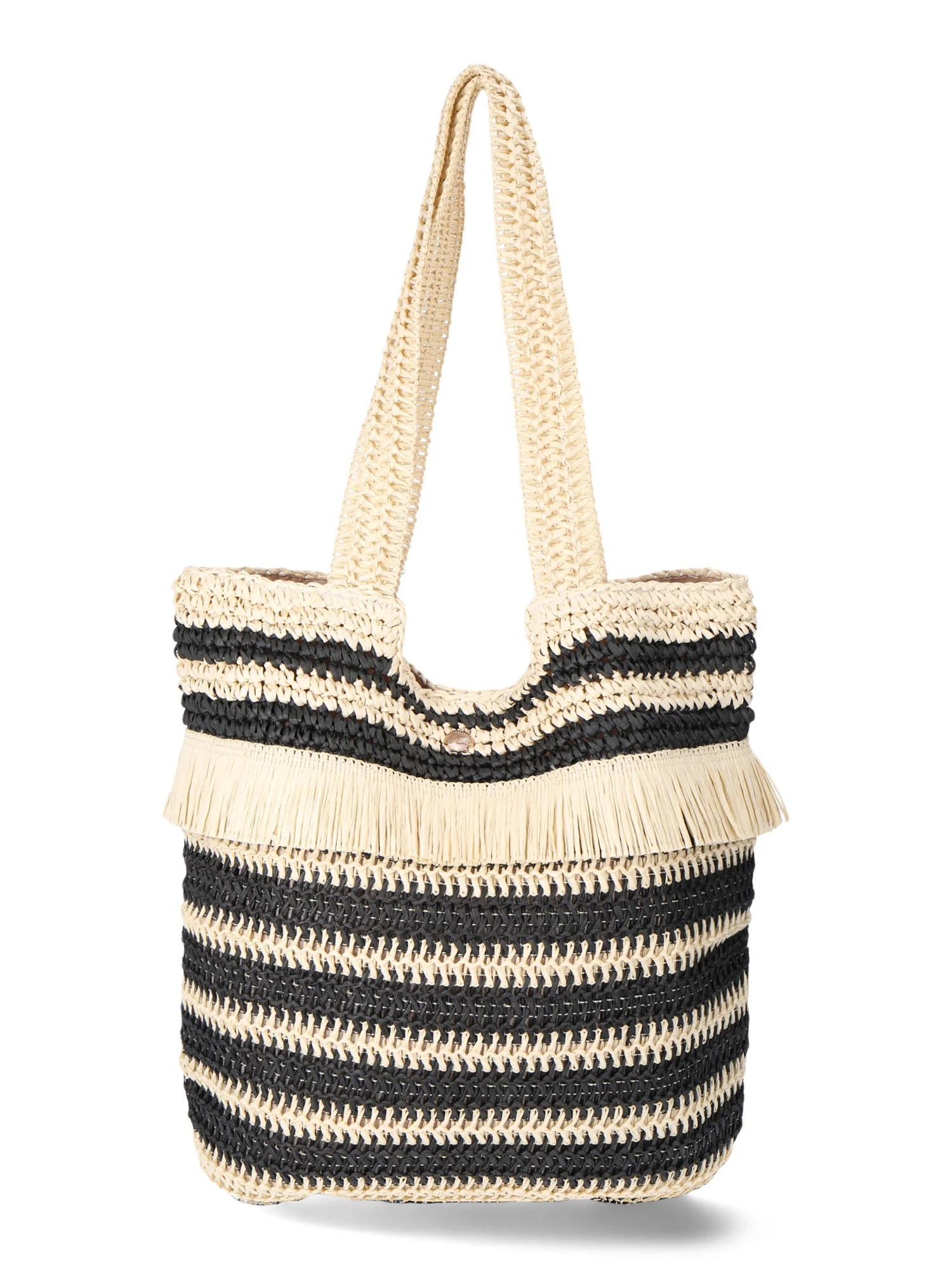 No Boundaries Women's Woven Stripe Straw Tote Bag with Fringe, Natural/Black Stripe - Walmart.com | Walmart (US)