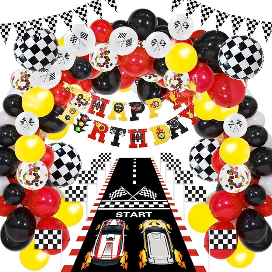 124 Pcs Race Car Birthday Party Supplies, Race Car Balloon Garland Kit with Racetrack Checked Fla... | Amazon (US)