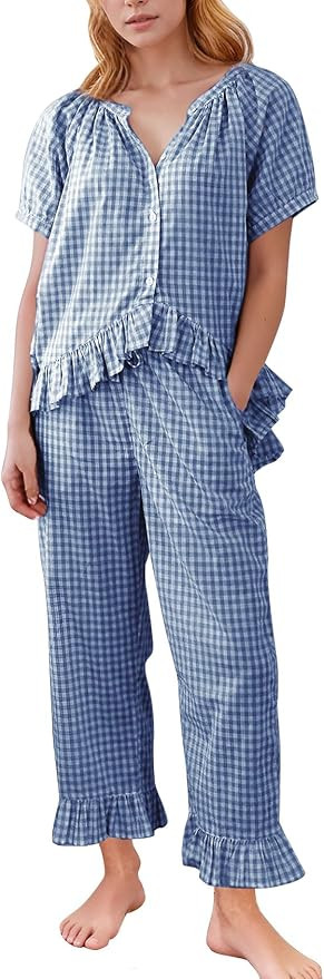Flygo Womens Plaid 2 Piece Pajamas Sets Gingham Button Down Puff Sleeve Babydoll Shirt Ruffle Pan... | Amazon (US)