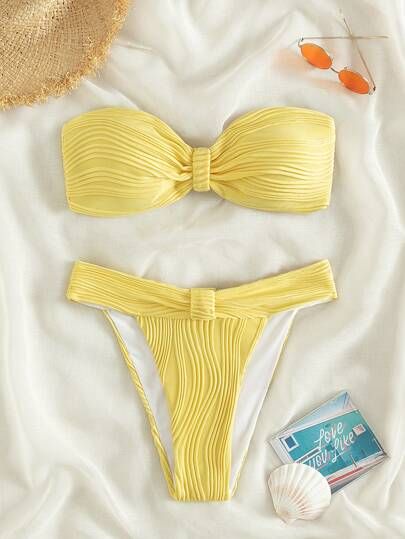 Plain Ruched Bandeau Bikini Swimsuit | SHEIN