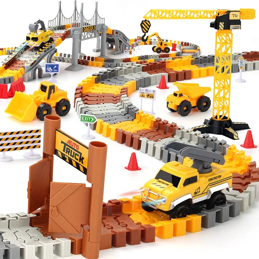 Construction Race Tracks Set, Flexible Train Tracks w/ 2 Electric Construction Race Vehicles w/Li... | Amazon (US)